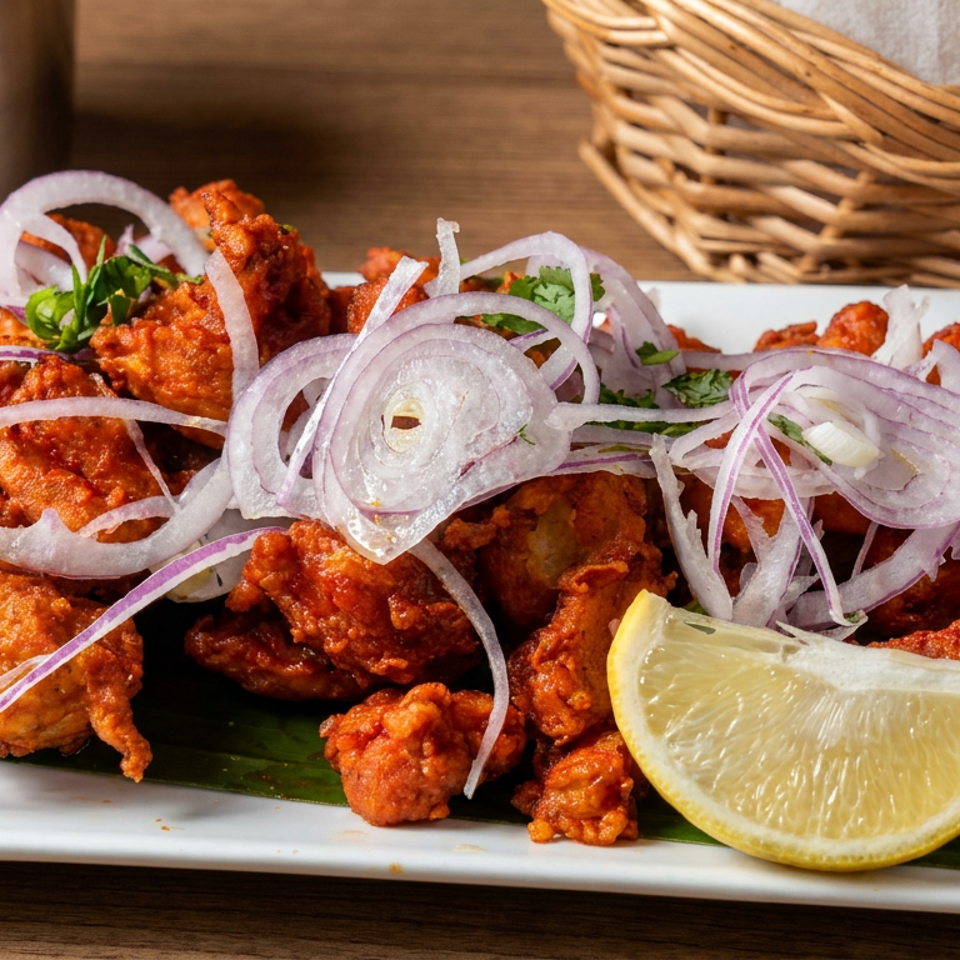 Plate of crispy spiced fried chicken topped with sliced red onions and cilantro, garnished with a lemon wedge.
