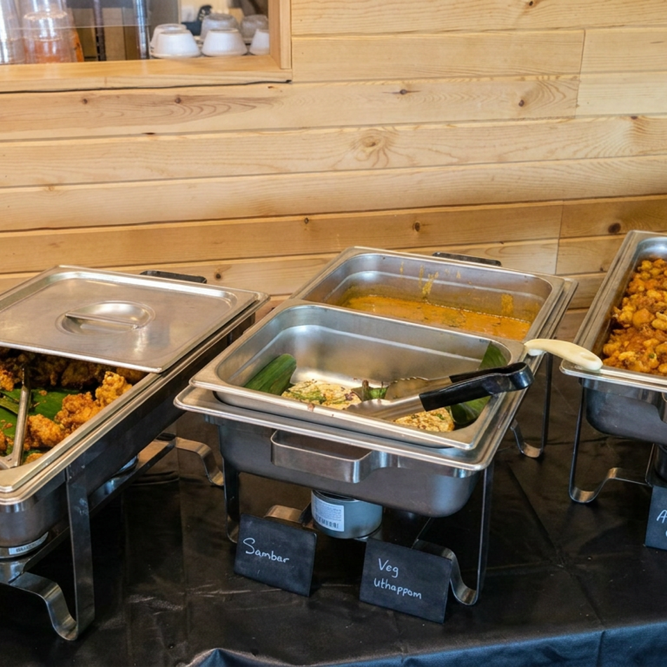 Restaurant buffet featuring labeled Indian dishes, including mixed vegetable pakora, sambar, vegetable uthappam, and aloo gobi.