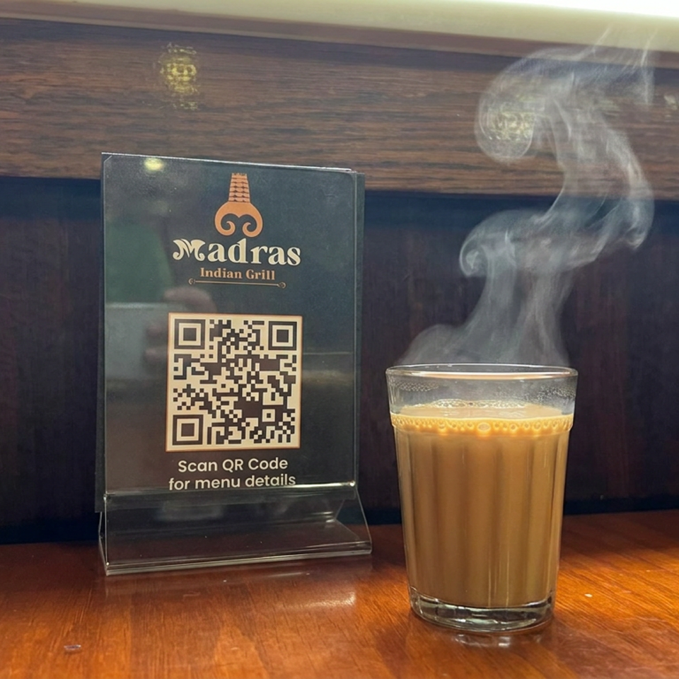 Steaming glass of hot Indian chai beside a Madras Indian Grill QR menu sign on a wooden restaurant table.