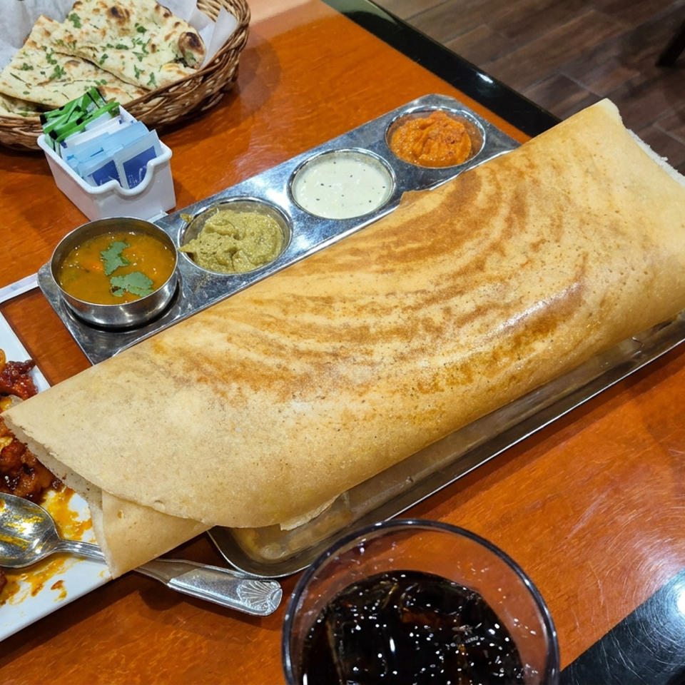 Large dosa served with chutneys, naan in a basket, spiced appetizer, and cola on a restaurant table.