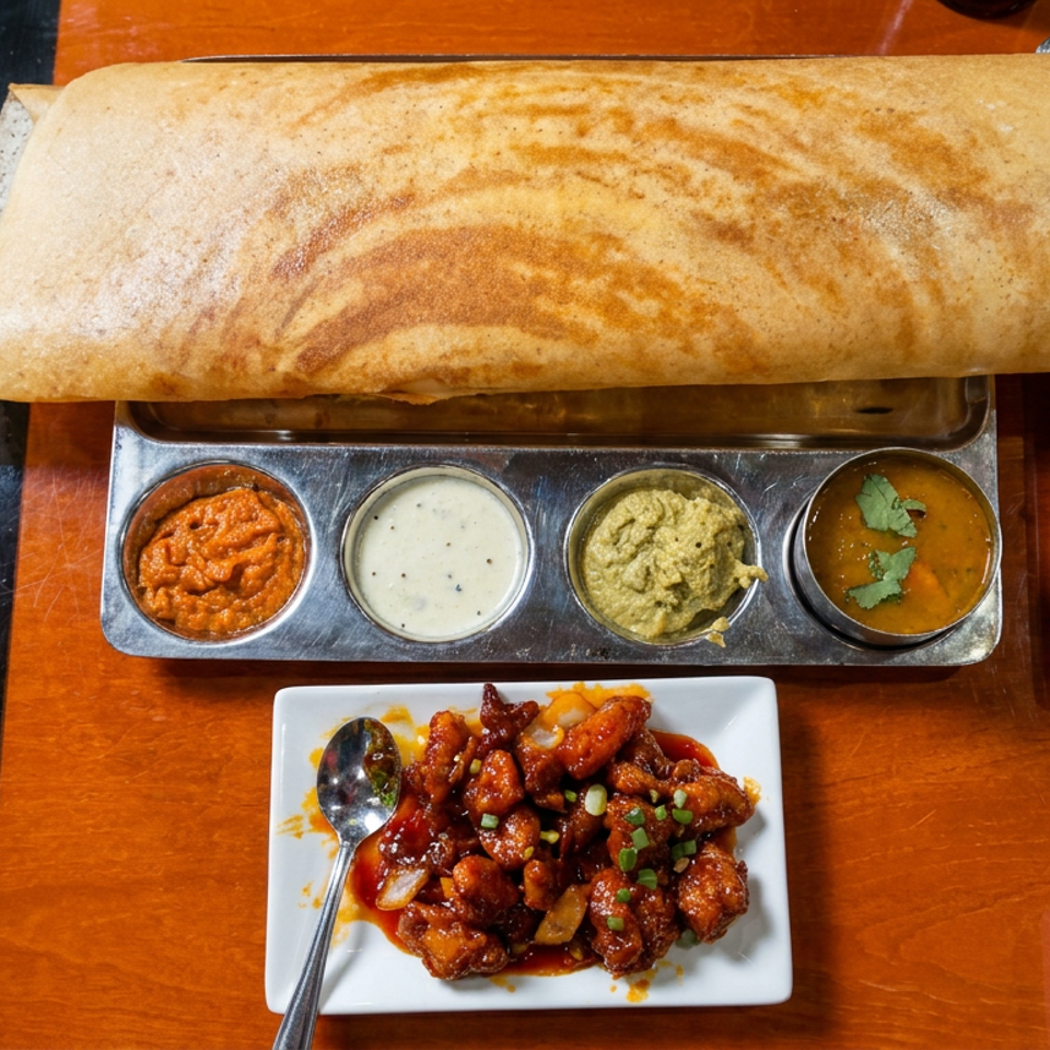 Overhead view of a large dosa with four chutneys and two plates of saucy fried appetizers on a restaurant table.