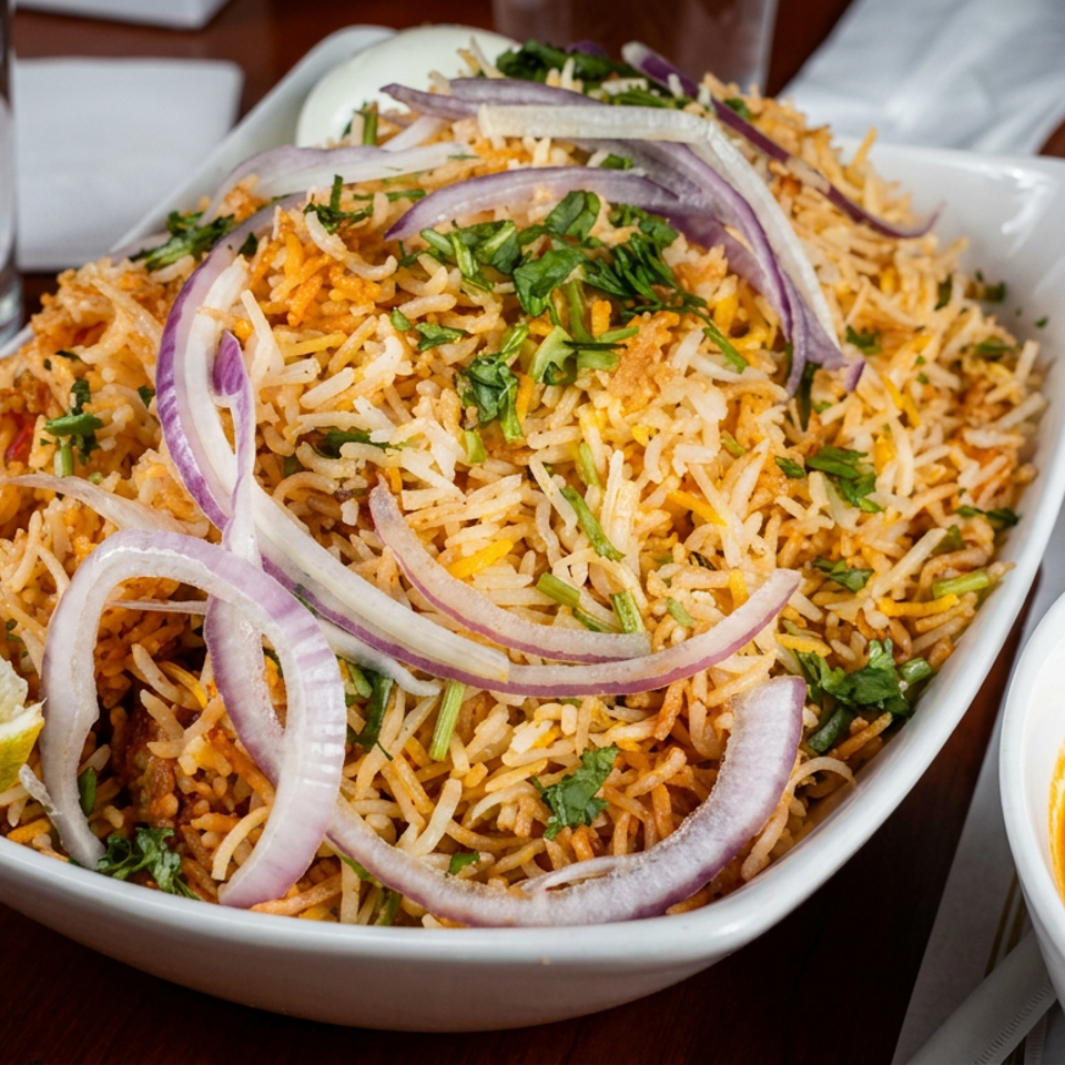 Basmati biryani garnished with red onion, cilantro, and lime, served in a white bowl with orange curry sauce.