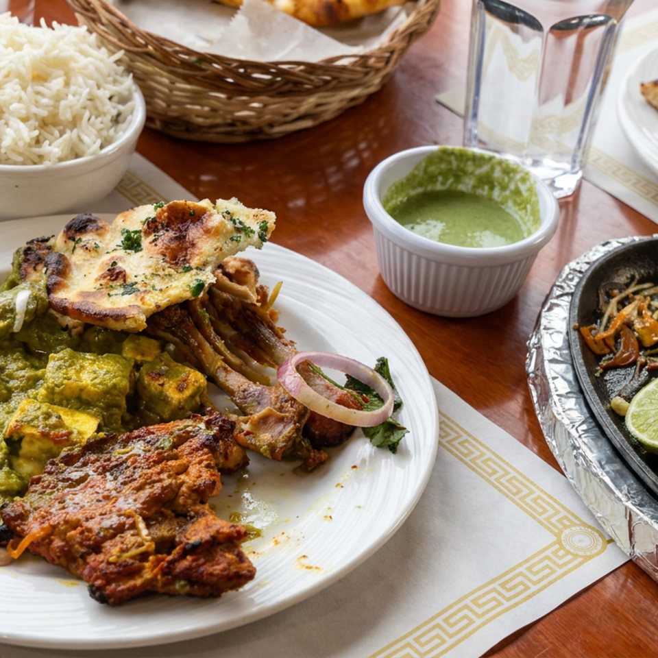 Indian meal spread featuring grilled meats, naan, rice, green chutney, vegetables, lime, and sliced onions on a restaurant table.