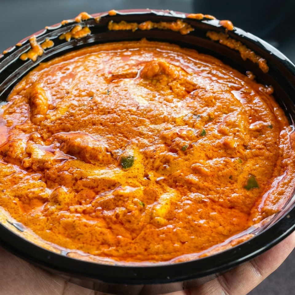 Black bowl filled with creamy orange curry, featuring visible chunks and herbs, held against a dark background.