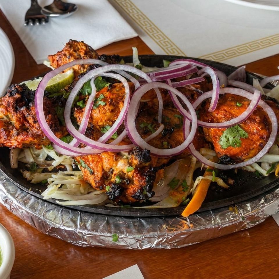 Sizzling platter of grilled tandoori chicken topped with red onions, cilantro, lime, and vegetables, served with green chutney.