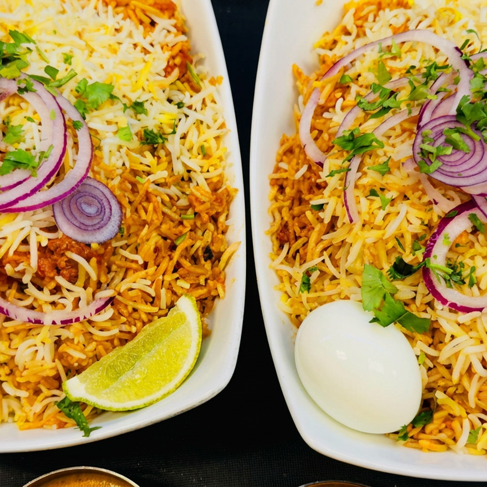 Two plates of spiced biryani rice topped with red onions and cilantro, each served with a boiled egg and lime wedge.