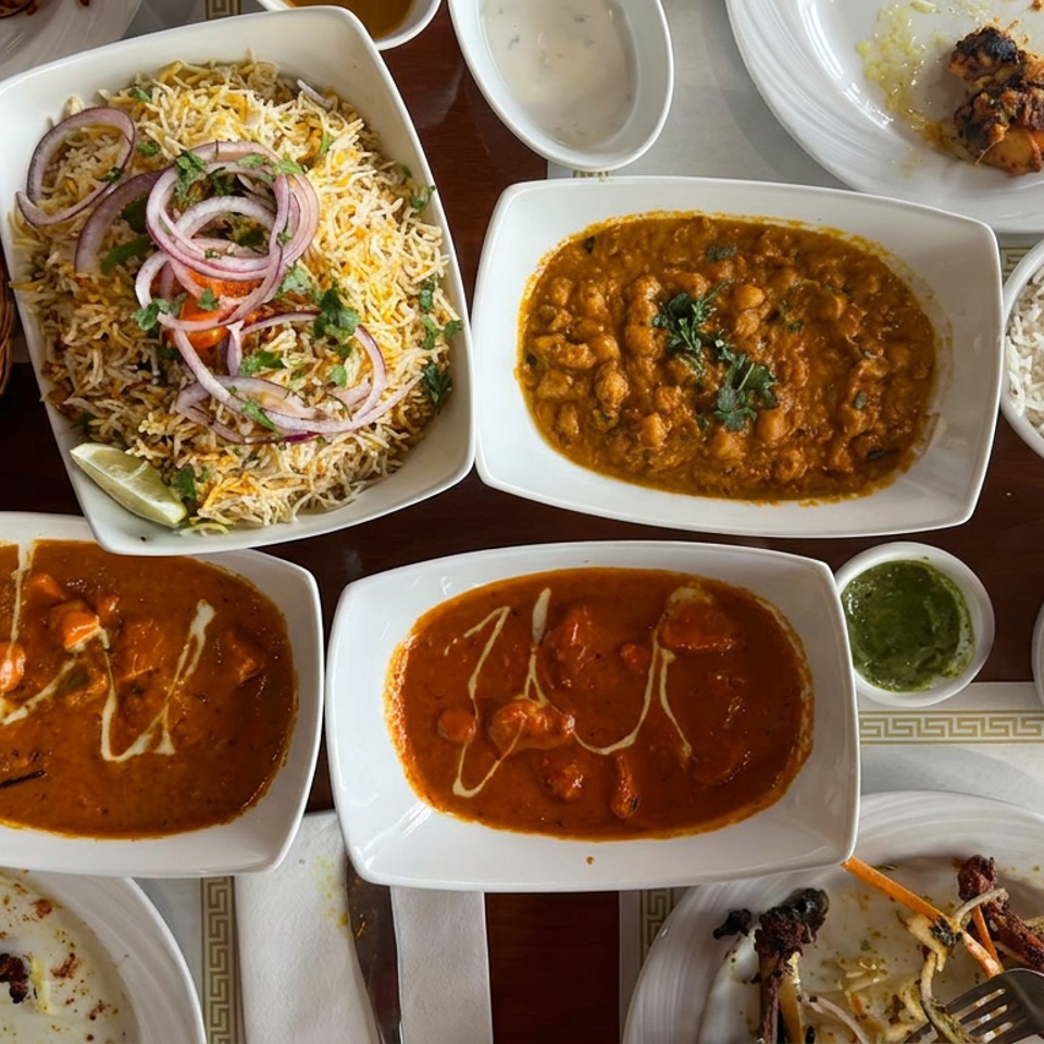 Overhead spread of Indian dishes including biryani, curries, basmati rice, flatbread, chutney, and grilled meats on a restaurant table.